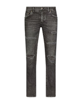 Gray skinny stretch jeans with rips - | Dolce & Gabbana