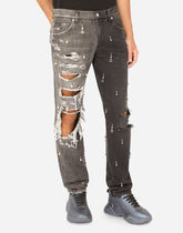 Two-tone regular-fit jeans with pearl pendants and DG logo - | Dolce & Gabbana