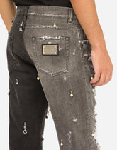 Two-tone regular-fit jeans with pearl pendants and DG logo - | Dolce & Gabbana