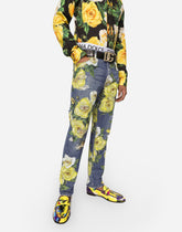 Loose blue denim jeans with all-over rose print - | Dolce & Gabbana