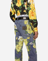 Loose blue denim jeans with all-over rose print - | Dolce & Gabbana