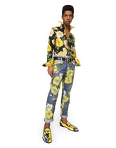 Loose blue denim jeans with all-over rose print - | Dolce & Gabbana