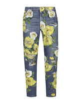 Loose blue denim jeans with all-over rose print - | Dolce & Gabbana