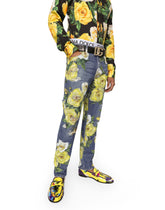 Loose blue denim jeans with all-over rose print - | Dolce & Gabbana