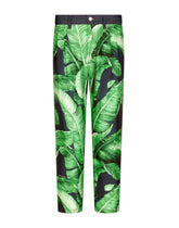 Loose blue denim and silk jeans with banana tree print - | Dolce & Gabbana