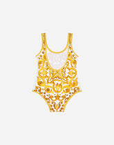 One-piece swimsuit with yellow majolica print - | Dolce & Gabbana