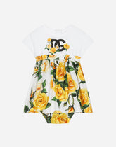 Jersey and poplin dress with bloomers and yellow rose print - | Dolce & Gabbana