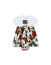 Poplin and jersey dress with red rose print - | Dolce & Gabbana