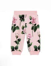 Cotton fleece jogging pants with rose print - | Dolce & Gabbana