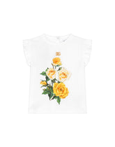 Jersey T-shirt with yellow rose print and DG logo - | Dolce & Gabbana