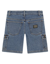 Denim cargo shorts with decorative patches - | Dolce & Gabbana