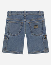 Denim cargo shorts with decorative patches - | Dolce & Gabbana
