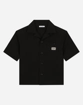 Stretch poplin shirt with logo tag - | Dolce & Gabbana