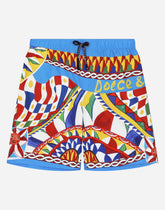 Long-leg nylon swim trunks with Carretto print - | Dolce & Gabbana