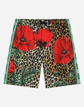 Nylon swim trunks with ocelot and poppy print - | Dolce & Gabbana