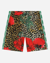 Nylon swim trunks with ocelot and poppy print - | Dolce & Gabbana