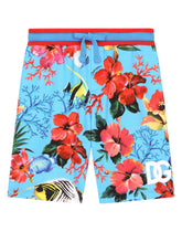 Jersey jogging shorts with fish and flower print - | Dolce & Gabbana