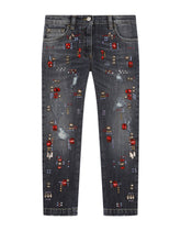 Jeans with multi-colored fusible rhinestone appliqué - | Dolce & Gabbana