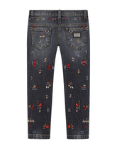 Jeans with multi-colored fusible rhinestone appliqué - | Dolce & Gabbana