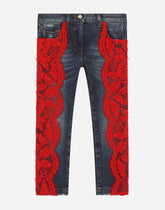 Stretch denim jeans with lace bands - | Dolce & Gabbana