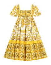 Poplin dress with yellow majolica print - | Dolce & Gabbana