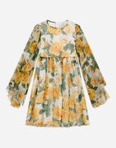 Chiffon dress with yellow rose print - | Dolce & Gabbana