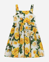 Poplin dress with yellow rose print - | Dolce & Gabbana