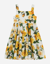 Poplin dress with yellow rose print - | Dolce & Gabbana