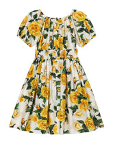 Poplin dress with yellow rose print - | Dolce & Gabbana