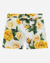 Poplin shorts with yellow rose print - | Dolce & Gabbana