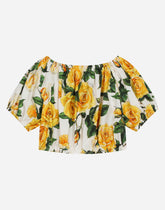Poplin top with yellow rose print - | Dolce & Gabbana