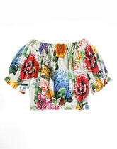 Cotton poplin top with floral print - | Dolce & Gabbana