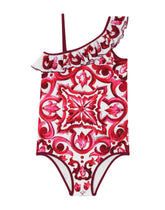 Majolica-print one-piece swimsuit with ruched neckline - | Dolce & Gabbana