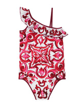 Majolica-print one-piece swimsuit with ruched neckline - | Dolce & Gabbana