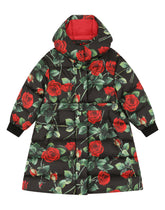 Long nylon down jacket with hood and rose print - | Dolce & Gabbana