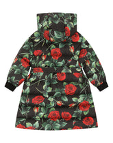 Long nylon down jacket with hood and rose print - | Dolce & Gabbana