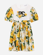 Poplin and jersey dress with yellow rose print - | Dolce & Gabbana