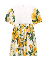 Poplin and jersey dress with yellow rose print - | Dolce & Gabbana