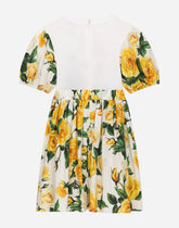 Poplin and jersey dress with yellow rose print - | Dolce & Gabbana