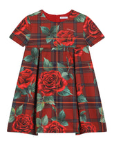 Short-sleeved scuba dress with tartan and rose print - | Dolce & Gabbana
