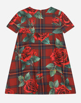 Short-sleeved scuba dress with tartan and rose print - | Dolce & Gabbana