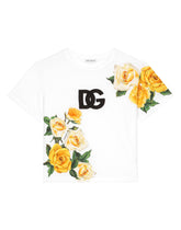 Jersey T-shirt with yellow rose print and DG logo - | Dolce & Gabbana