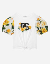 Poplin and jersey T-shirt with yellow rose print and DG logo - | Dolce & Gabbana