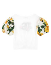 Poplin and jersey T-shirt with yellow rose print and DG logo - | Dolce & Gabbana