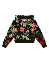 Chenille hoodie with rose print over a black background - | Dolce & Gabbana