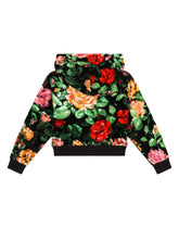 Chenille hoodie with rose print over a black background - | Dolce & Gabbana