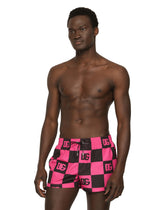 Damier-print short swim trunks with DG logo - | Dolce & Gabbana