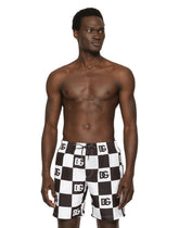 Damier-print mid-length swim trunks with DG logo - | Dolce & Gabbana