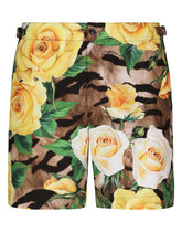 Mid-length swim shorts with rose print - | Dolce & Gabbana