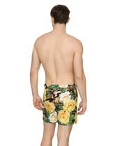 Mid-length swim shorts with rose print - | Dolce & Gabbana